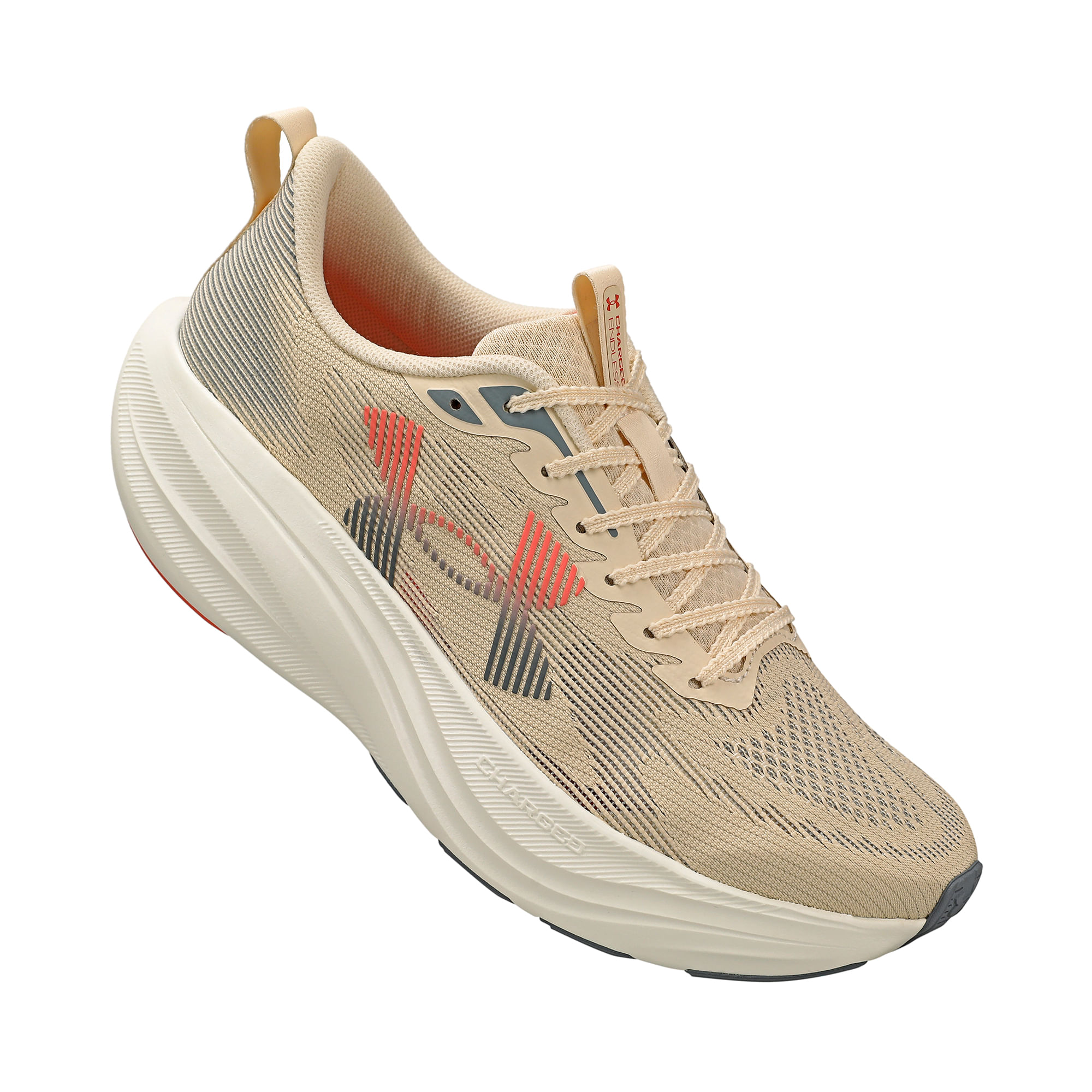 Tênis Under Armour Charged Endless Bege Unissex em ângulo lateral direito destacando design e sola